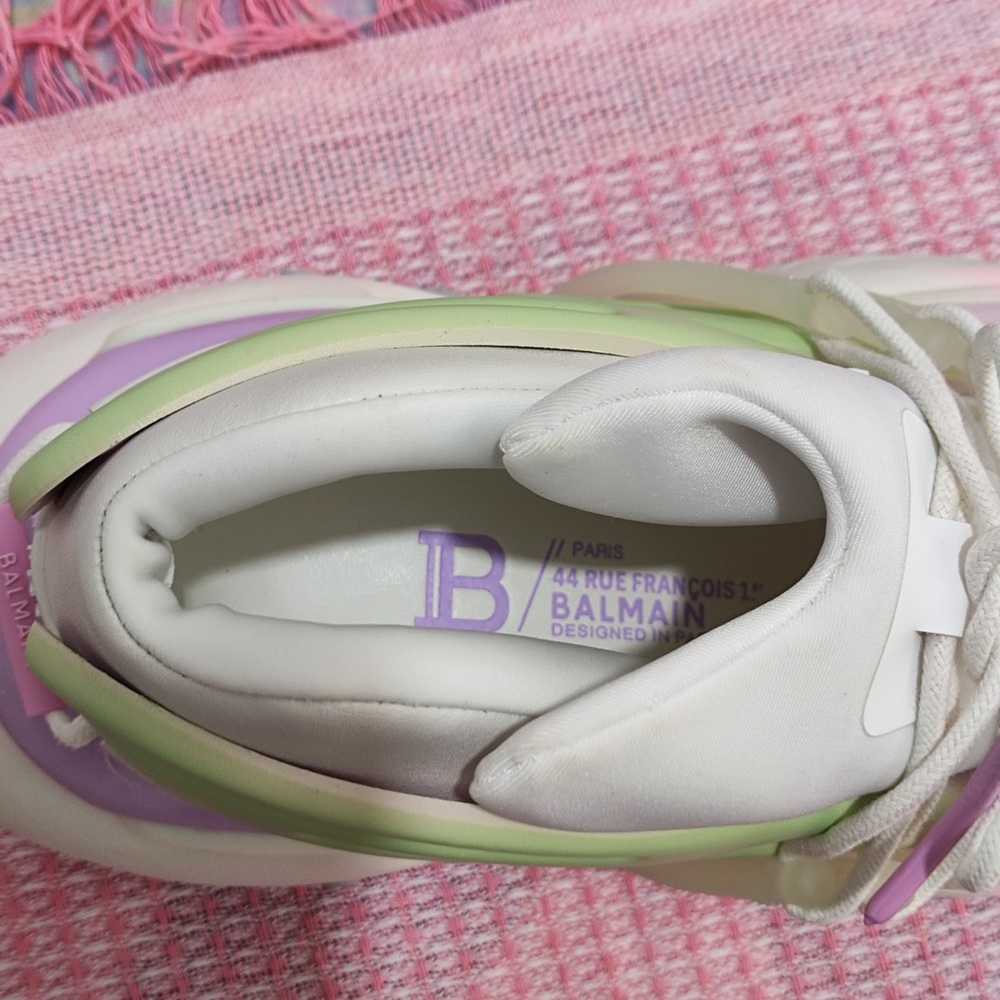 Balmain Women White Sneakers with Pink and Green Accents - Picture 2 of 11